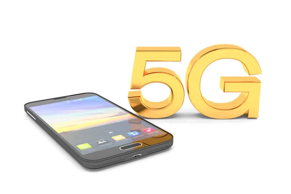 3d rendu d'un smartphone avec les lettres majuscules 5G en or — Photo