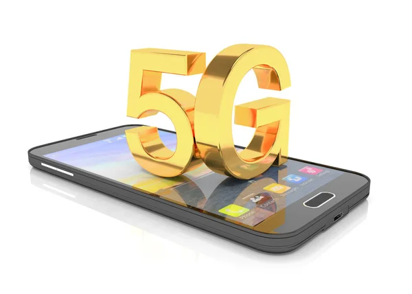 Renderowanie 3D smartfona z wielkimi literami 5g w złocie — Zdjęcie stockowe