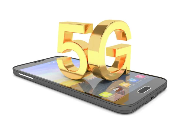 Altın 5g büyük harfleri ile bir akıllı telefon 3d render — Stok fotoğraf