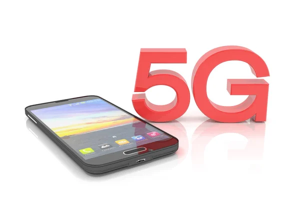 3d rendu d'un smartphone avec les lettres majuscules 5G en rouge — Photo