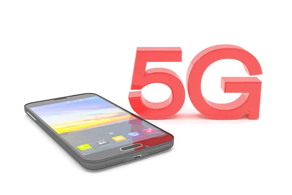 3D рендеринг смартфона с заглавными буквами 5G красным цветом — стоковое фото