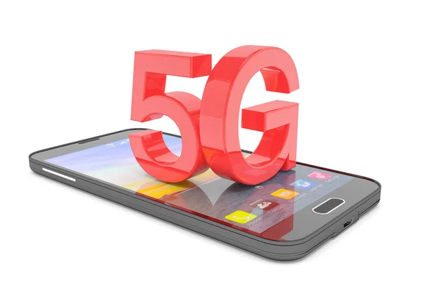 3D representación de un teléfono inteligente con las letras mayúsculas 5G en rojo —  Fotos de Stock