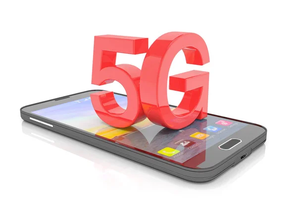 3D renderelés a smartphone a nagybetűk 5G piros — Stock Fotó