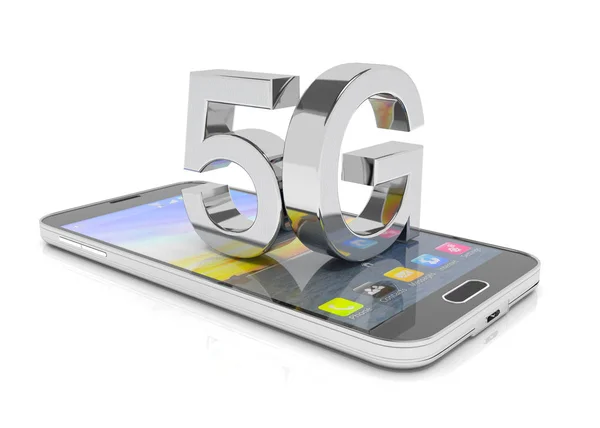 3D візуалізація смартфона з великими літерами 5G в сріблі — стокове фото