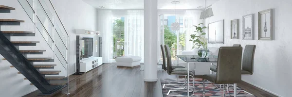 Renderização 3d de um loft moderno com grande janela — Fotografia de Stock