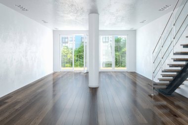 büyük pencereler ve bir St ile boş bir modern Loft 3D render