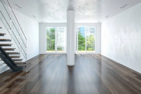 3d rendering of an empty modern loft with large windows and a st — Stock Photo, Image