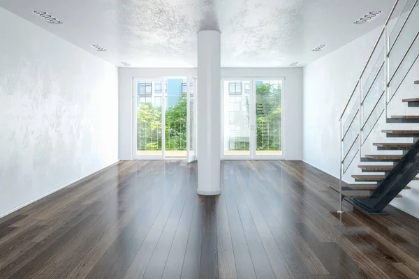 3d rendering of an empty modern loft with large windows and a st — Stock Photo, Image