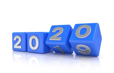 3D render-yeni yıl 2020 kavramı-küpler-mavi