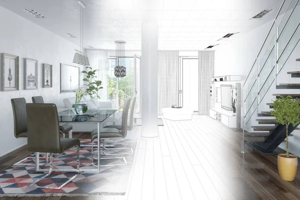 Rendering Loft Moderno Con Grande Finestra Soggiorno Luminoso Con Grande — Foto Stock