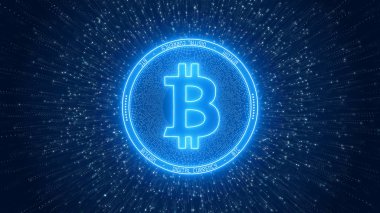 Bir parçacık backgrou üzerinde parlayan mavi bir Bitcoin İllüstrasyon