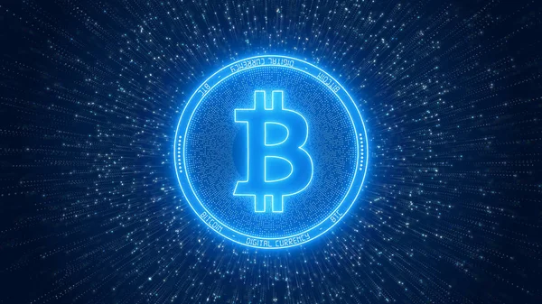 Απεικόνιση ενός Bitcoin σε λαμπερό μπλε πάνω σε έναν προγρό — Φωτογραφία Αρχείου