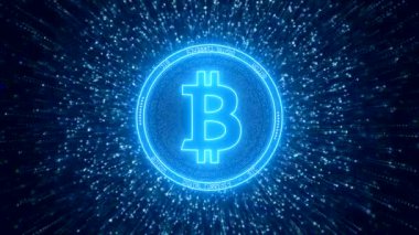 Hareketli bir parçacık arka plan üzerinde parlayan mavi bir Bitcoin video animasyon - Dijital para birimi - Cryptocurrency