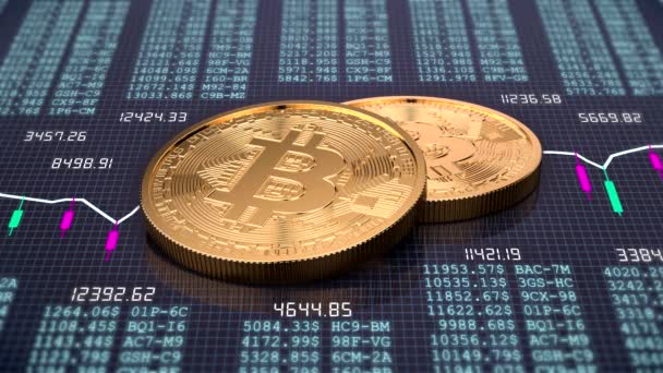 Βίντεο Κινουμένων Σχεδίων Από Δύο Χρυσά Bitcoin Στο Φόντο Του — Αρχείο Βίντεο