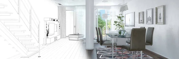 3d renderizado de un loft moderno con gran ventana — Foto de Stock