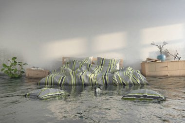 3D render-su damager-Iskandinav yatak odası