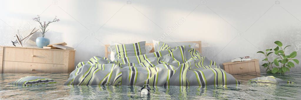 3d render - Water damager - Scandinavian bedroom