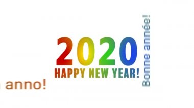 Beyaz arka plan üzerinde renkli ve farklı dillerde mesaj mutlu yeni yıl ile bir kelime bulut video animasyon - yeni yıl 2020 temsil eder.
