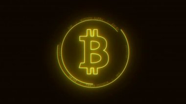 Bitcoin logosunun glitch etkisiyle altın renkli video animasyonu - Dijital para birimi - Cryptocurrency