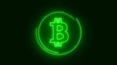 Bitcoin logosunun glitch etkisiyle yeşil renkli video animasyonu - Dijital para birimi - Cryptocurrency