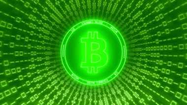 İkili kod tüneli ile yeşil Bitcoin logosuvideo animasyon - Dijital para birimi - Cryptocurrency