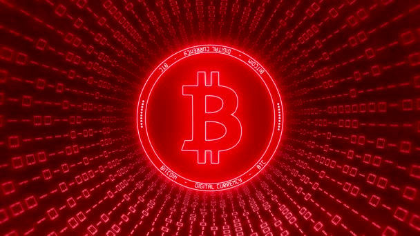 バイナリコードのトンネルを持つ赤でビットコインロゴのビデオアニメーション デジタル通貨 暗号通貨 — ストック動画