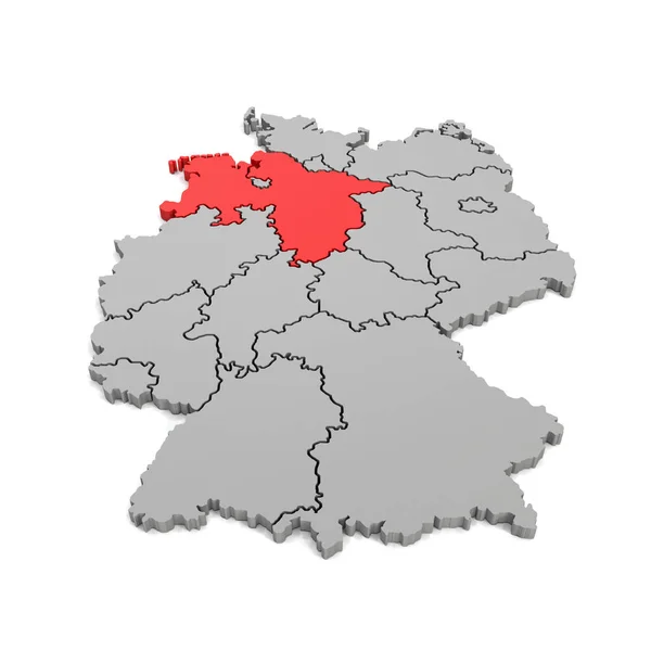 3D рендеринг - немецкая карта с региональными границами и фокусом на L — стоковое фото