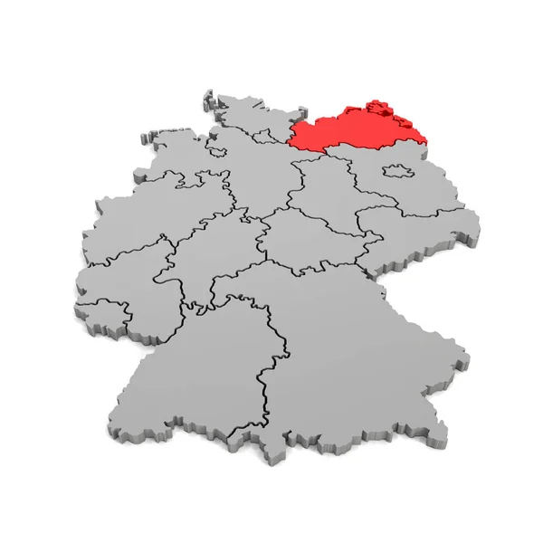 3D рендеринг - немецкая карта с региональными границами и фокусом на W — стоковое фото