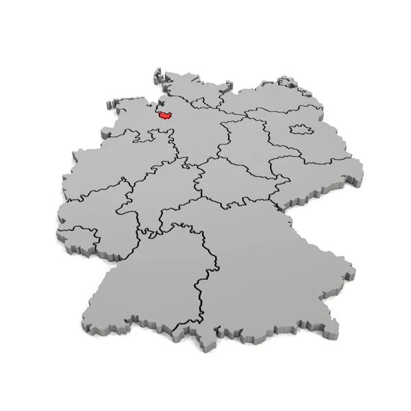 3D рендеринг - немецкая карта с региональными границами и фокусом на B — стоковое фото