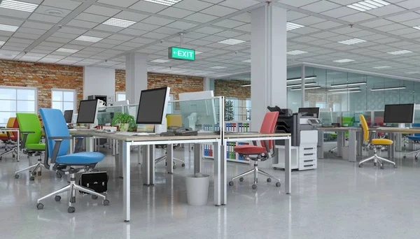 Renderização 3d - escritório em plano aberto - prédio de escritórios — Fotografia de Stock