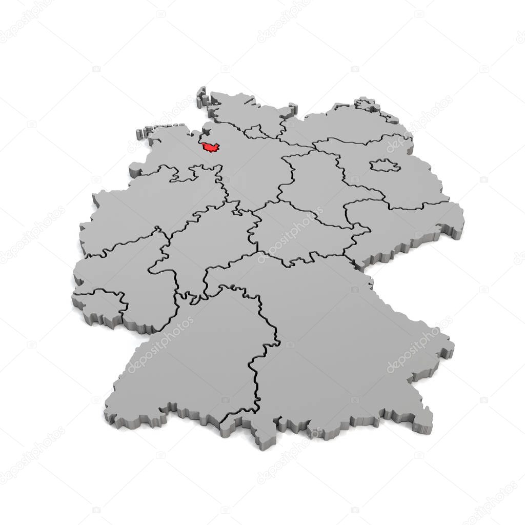 3d render - german map with regional boarders and the focus to B