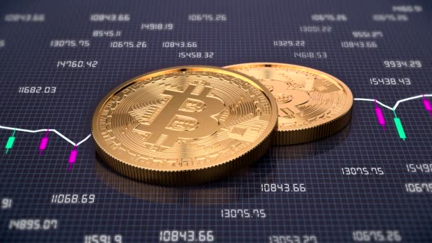 取引チャートの背景に2つの黄金のビットコインのビデオアニメーション 物理ビットコイン デジタル通貨 暗号通貨 — ストック動画