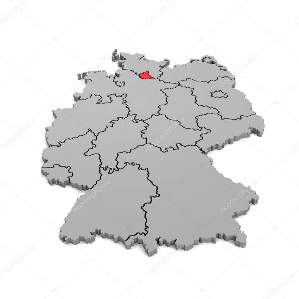 3d render - german map with regional boarders and the focus to Hamburg