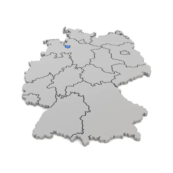3D рендеринг - немецкая карта с региональными границами и фокусом на B — стоковое фото