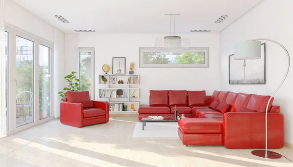 3d renderizado de un loft moderno con un gran sofá rojo — Foto de Stock