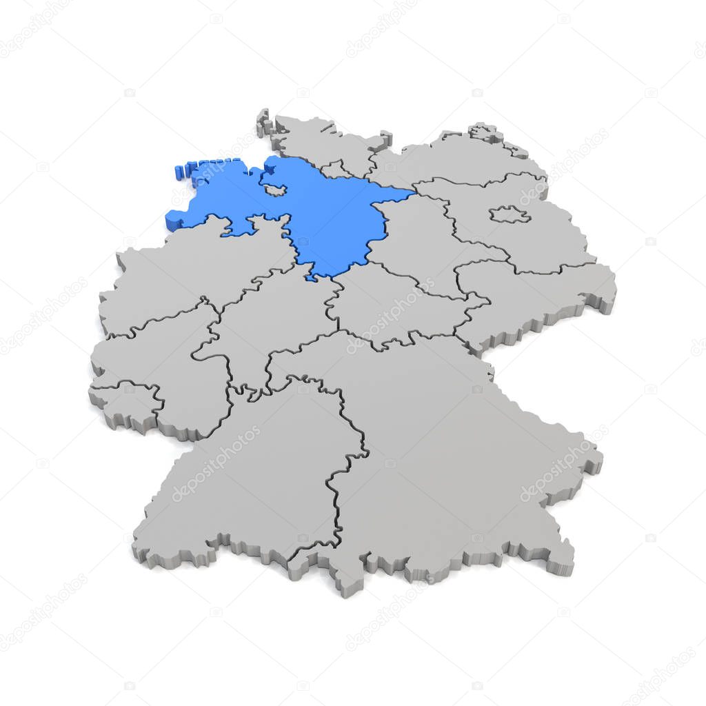 3d render - german map with regional boarders and the focus to L