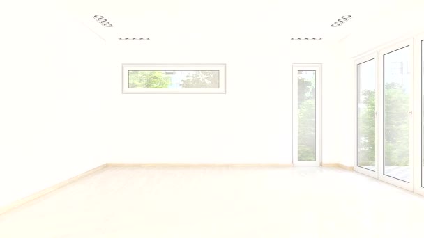 Video Animace Moderního Podkroví Velkým Oknem Světlý Obývací Pokoj Velkou — Stock video