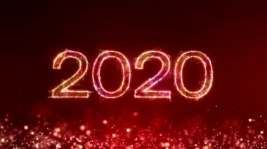 Kırmızı arka planda Bokeh 'in altın ışık parçacıklarının video animasyonu ve 2020 mesajı - yeni yılı temsil ediyor - tatil konsepti - Noel
