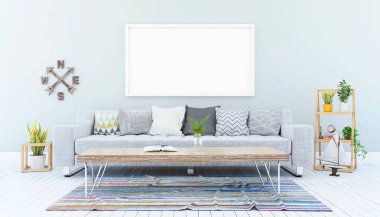 3 boyutlu İskandinav oturma odası, kanepe, masa, boş çerçeve ve deniz dekorasyonu.