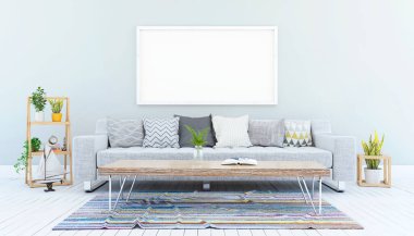 3 boyutlu İskandinav oturma odası, kanepe, masa, boş çerçeve ve deniz dekorasyonu.