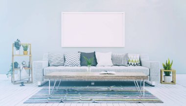 3 boyutlu İskandinav oturma odası, kanepe, masa, boş çerçeve ve deniz dekorasyonu - retro görünüm