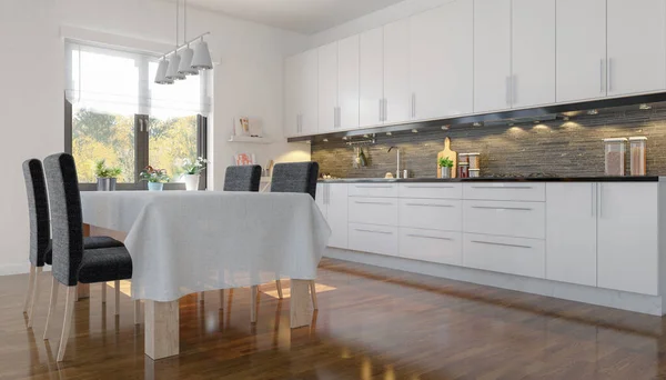 Render Dari Dapur Putih Modern Dengan Meja Besar Dan Kursi — Stok Foto