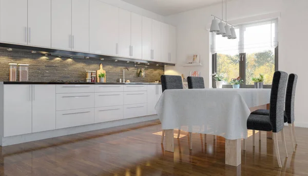 大きなテーブルと椅子付きのモダンな白いキッチンの3Dレンダリング ダイニングルーム アパート — ストック写真