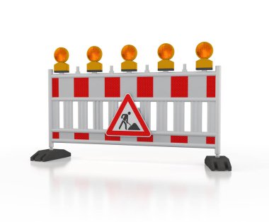 Parlayan ışıklar ve trafik işaretli bir bariyerin 3D görüntülenmesi - beyaz arka planda dikkatli yol çalışması - inşaat alanı