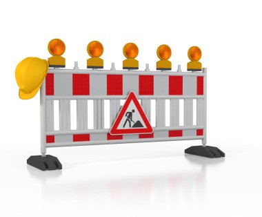 3D bariyer, yanıp sönen ışıklar, trafik işareti, miğfer - beyaz arka planda dikkatli yol çalışması - inşaat alanı