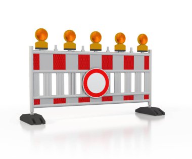 Parlayan ışıkları ve beyaz arka planda trafik levhası olan bir bariyerin 3D görüntülenmesi - inşaat alanı