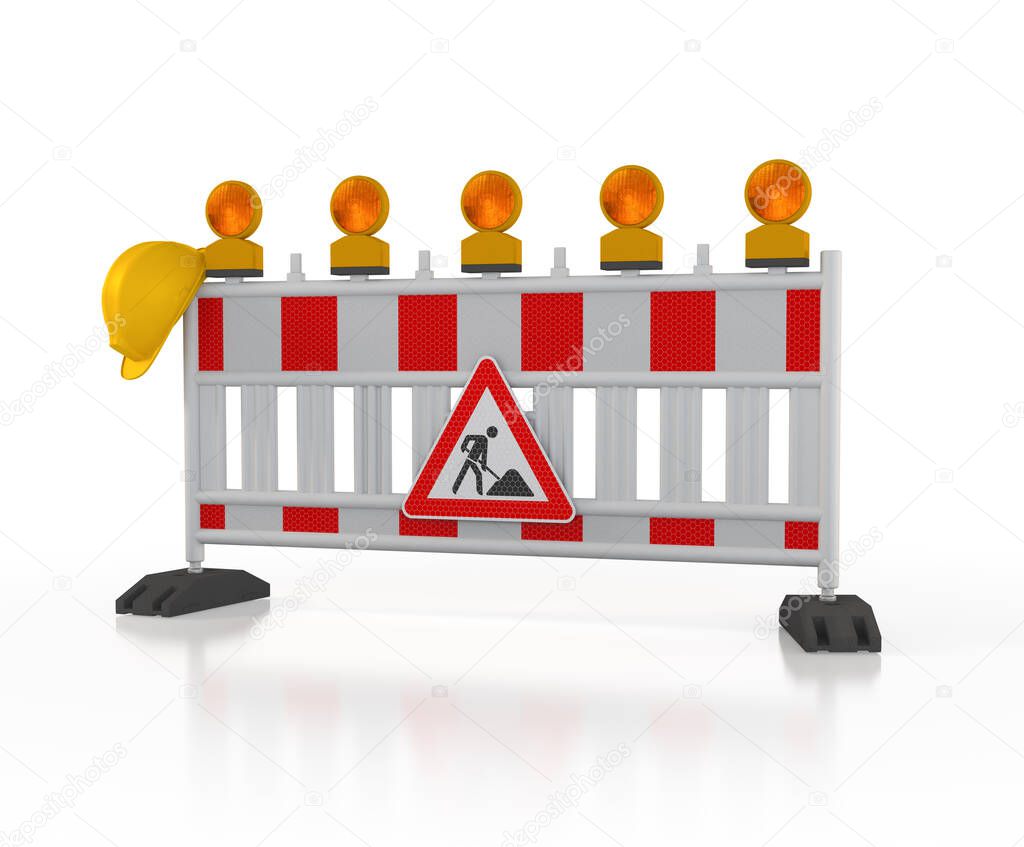 3d rendering of a barrier with flashing lights and a traffic sign, construction helmet - caution road work on white background - construction site