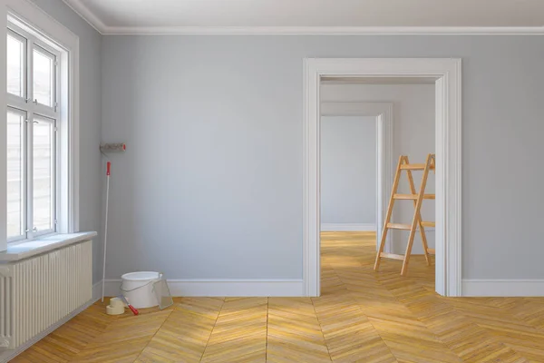 Renderizado Una Habitación Escandinava Vacía Con Grandes Ventanales Suelo Parquet — Foto de Stock