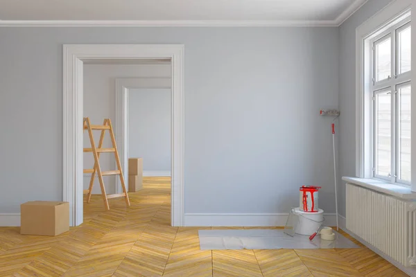 Renderizado Una Habitación Escandinava Vacía Con Grandes Ventanales Suelo Parquet — Foto de Stock