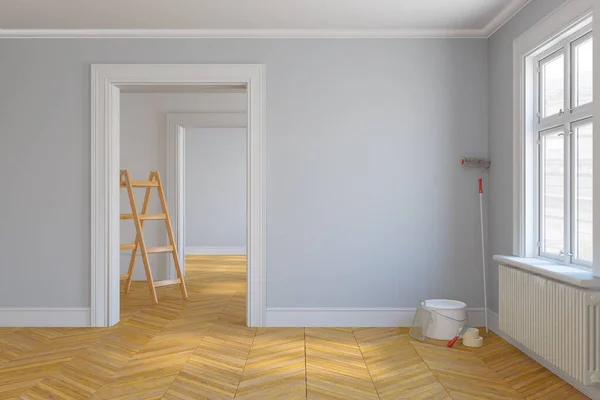 Renderizado Una Habitación Escandinava Vacía Con Grandes Ventanales Suelo Parquet —  Fotos de Stock